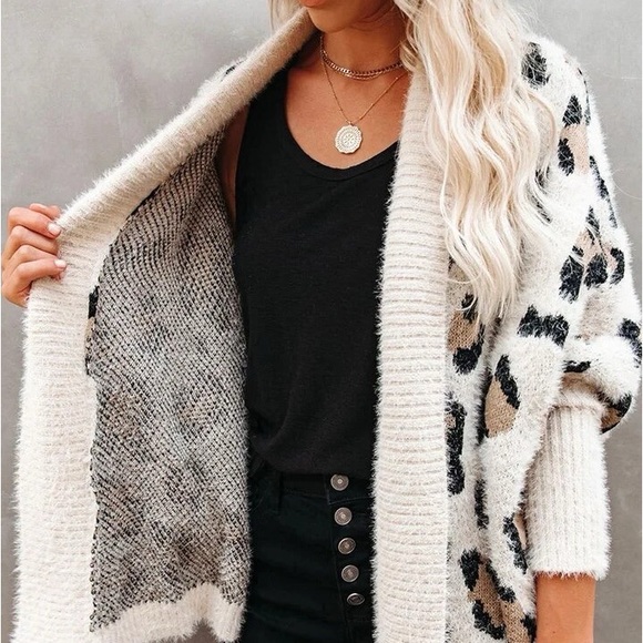 fuzzy women leopard animal print chunky knit jacket open front - Picture 13 of 15